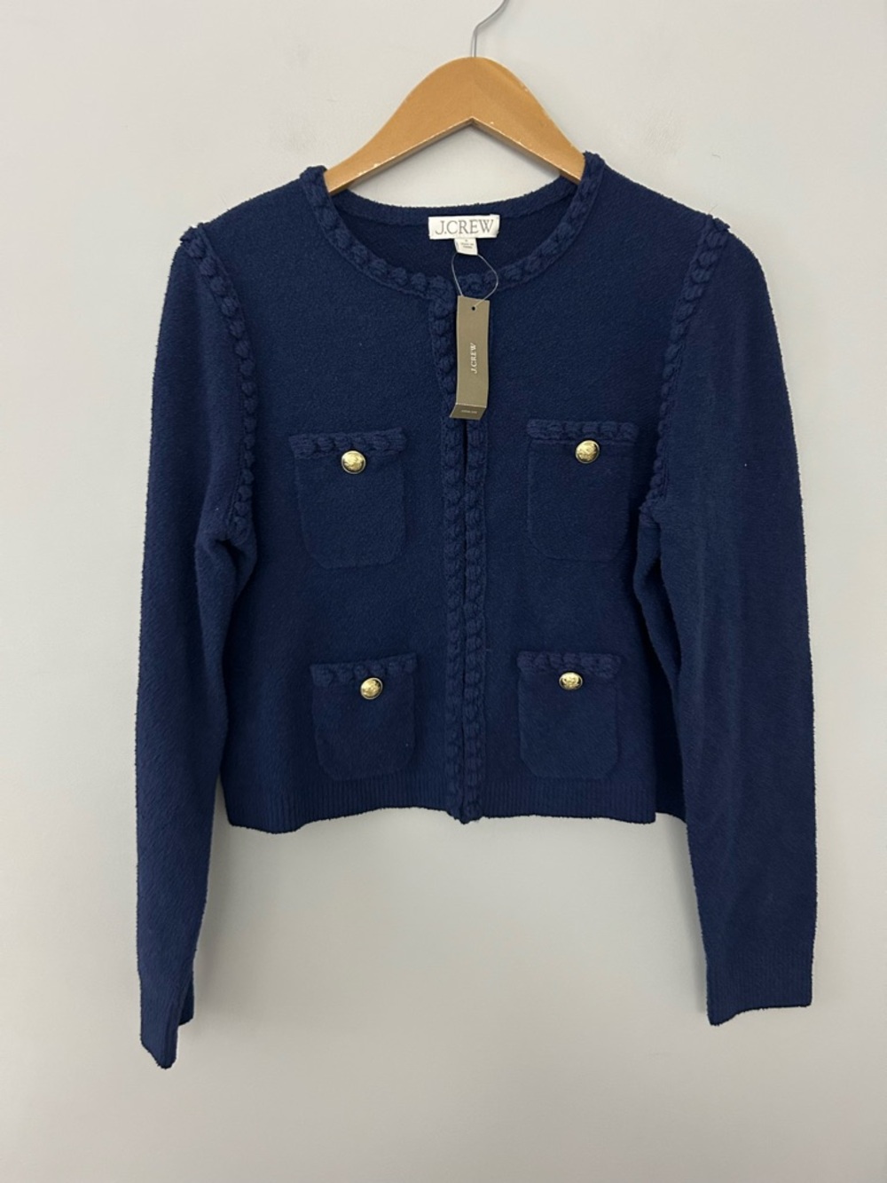 NWT J.Crew Odette Navy Braided Trim Cardigan with Gold Buttons - Picture 2 of 6